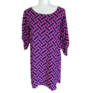 Escapada Navy Blue & Pink Geometric Print Ruched Sleeve Tunic Mini Dress - XS